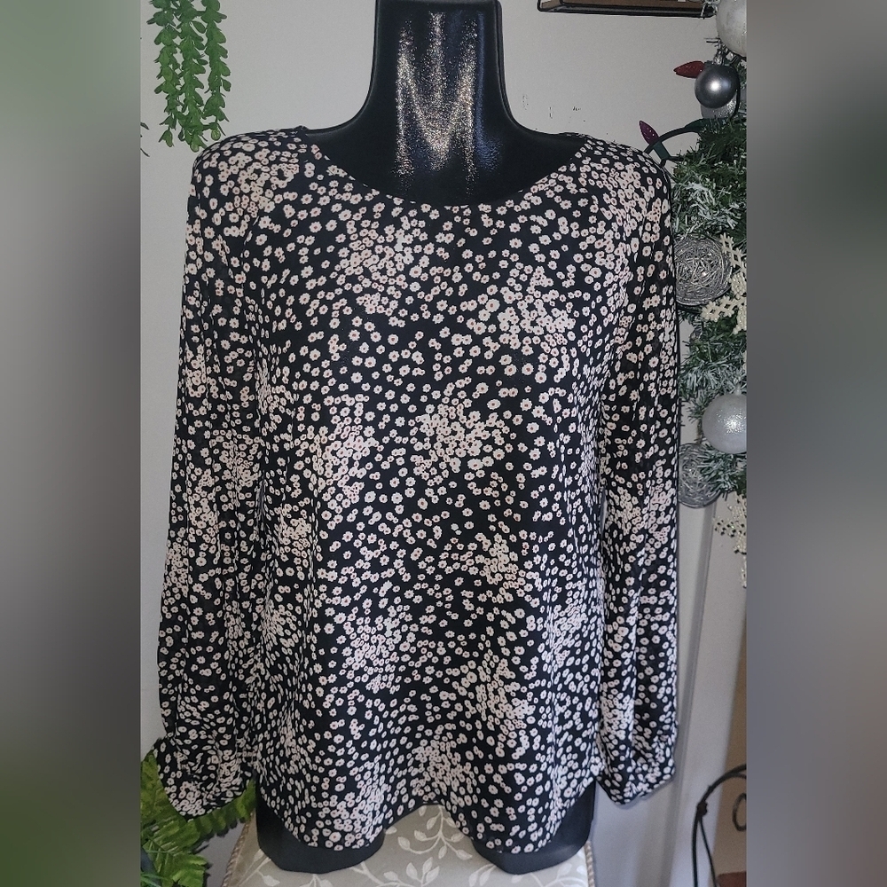 Ichi Black Sheer Blouse with Ditzy White Floral Print Size 40EU